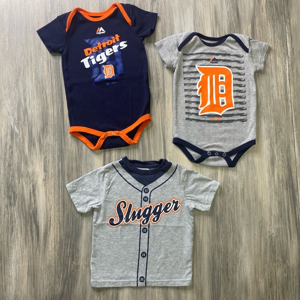 Detroit Tigers 2 Majestic Onesies and 1 Falls Creek T-shirt Size 18 months
